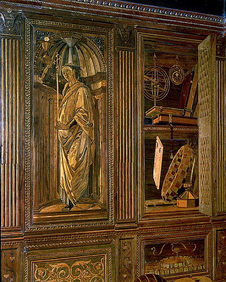 The Study of Federigo da Montefeltro, Duke of Urbino: intarsia panelling depicting (L) a cupboard co from Baccio Pontelli