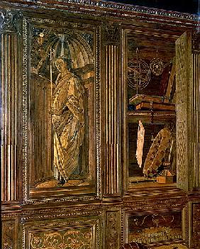 The Study of Federigo da Montefeltro, Duke of Urbino: intarsia panelling depicting (L) a cupboard co
