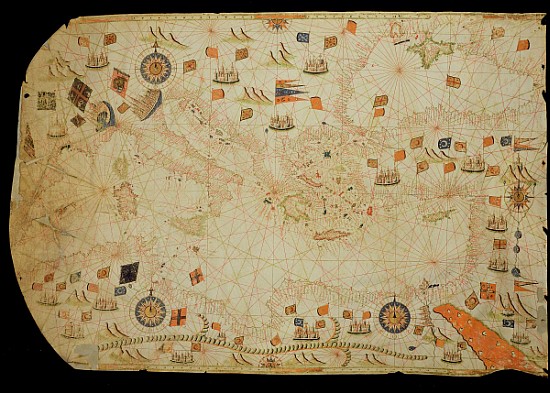 The entire Mediterranean Basin, from a nautical chart (ink on vellum) from Calopodio da Candia