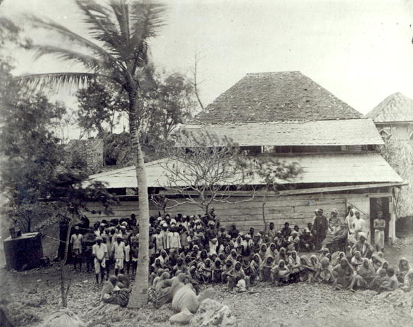 Plantation Workers on arrival from India, mustered at Depot, c.1891 (b/w photo)  from English Photographer