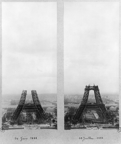 Two views of the construction of the Eiffel Tower, Paris, 14th June and 10th July 1888 (b/w photo)  from French Photographer