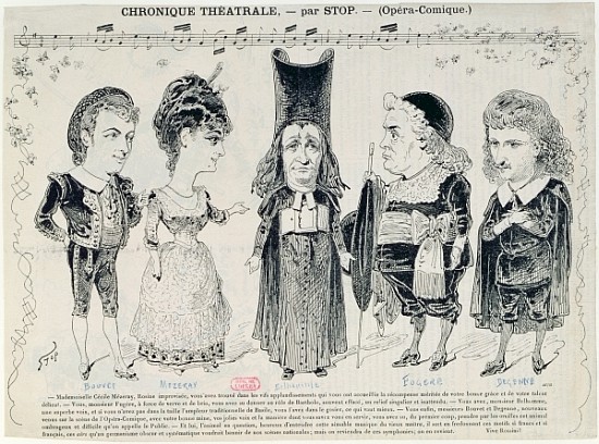 Five caricatures of the cast of a French production of ''The Barber of Seville'', from Gioachino Rossini