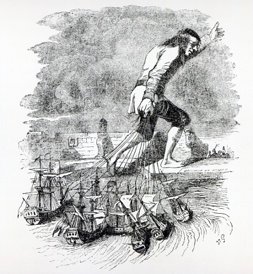 Gulliver stealing the Blefuscudian fleet, illustration from ''Gullivers Travels'' Jonathan Swift from Grandville (Jean Ignace Isidore Gerard)