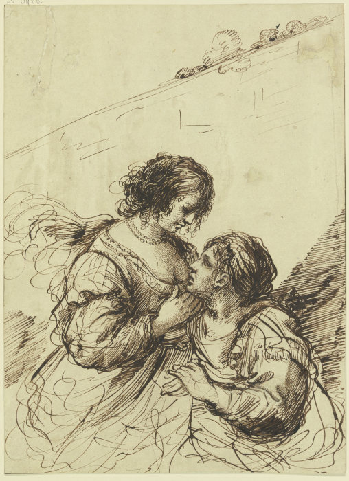 Vor einer hohen Mauer zwei Frauen einander liebkosend from Guercino (Giovanni Francesco Barbieri)