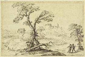 Vorne zwei ineinander verschlungene Bäume, rechts zwei Figuren, im Mittelgrund eine Burg