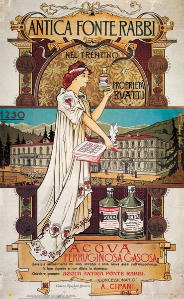 Poster advertising medicinal water from the 'Antica Fonte di Rabbi nel Trentino' from Italian School