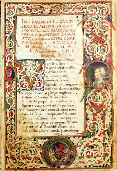 Ms.392 fol.1 Song in praise of Laure, from ''Sonetti, Canzoni e Triomphi'' Petrarch (1304-74) 1470 from Italian School