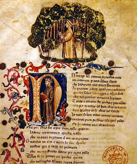 Ms It.474 Opening scene of Dante''s ''Divine Comedy'' with the figure of Dante in the dark wood from Italian School