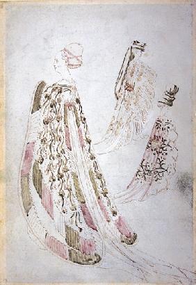 A woman and two men wearing long coats, c.1450
