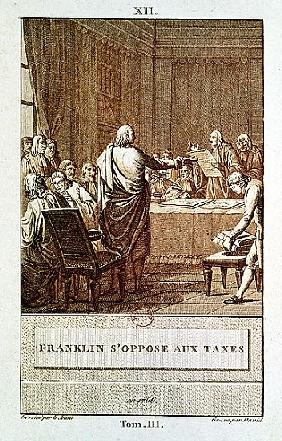 Benjamin Franklin Presenting his Opposition to the Taxes in 1766; engraved by David