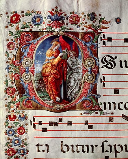 The Annunciation, historiated initial ''O'', detail of a page from an antiphonal, c.1473-79 from Liberale (Bonfanti) da Verona