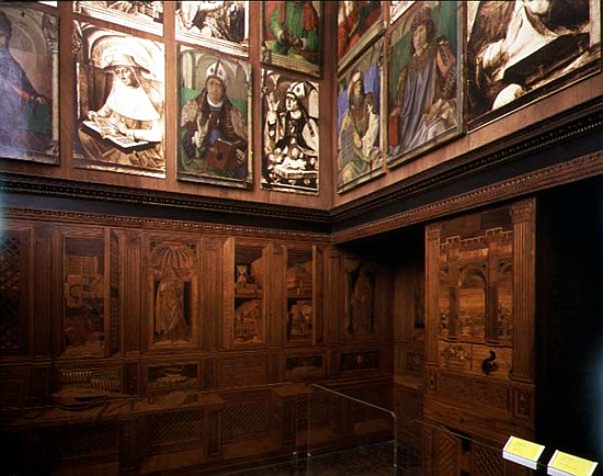 The Study of Federigo da Montefeltro, Duke of Urbino: intarsia panelling depicting open cupboards an from Pedro Berruguete