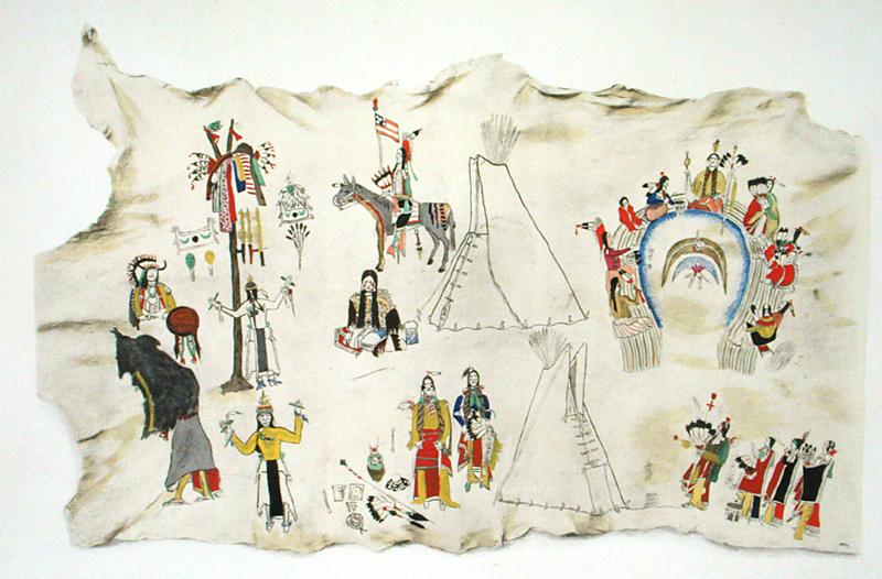 The Shoshone Sun Dance and the Peyote Cult (pigment on deerskin)  from Silver Horn (Haun-goo-ah)