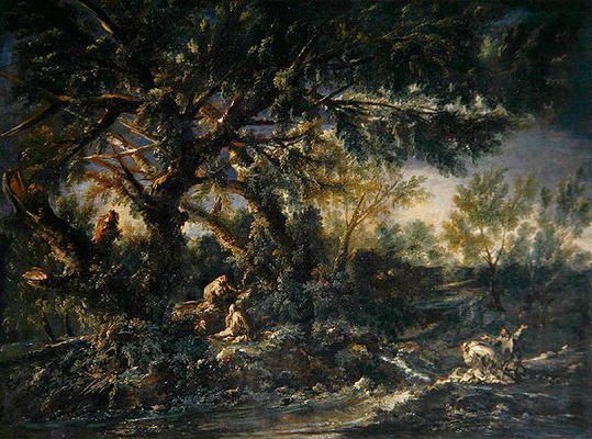 Landscape with Monks praying, or The Great Wood (oil on canvas) from A. Magnasco