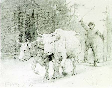 A French Peasant Driving Oxen (charcoal) from Abbott Handerson Thayer