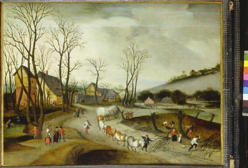 Winter landscape with luggage train and tree felling smallholder from Abel Grimmer