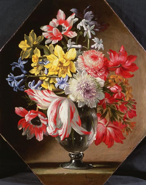 A Glass Vase of Flowers on a Stone Ledge Containing Tulips, Chrysanthemums, Roses and Bluebells from Abraham Brueghel