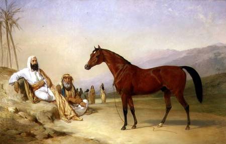 Two Bedouin with a Bay Arab Stallion in the Desert from Abraham Cooper