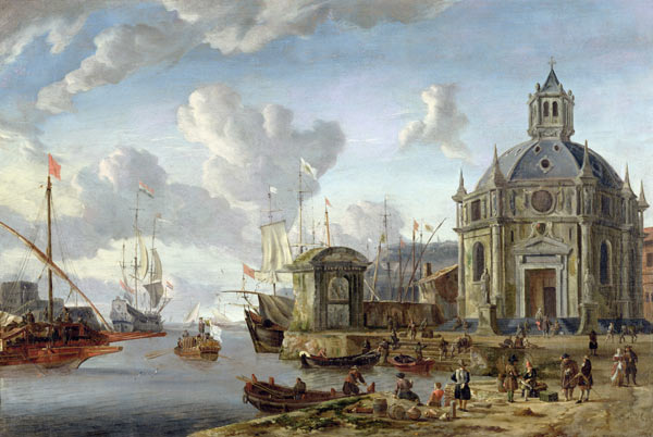 A capriccio of a Mediterranean Harbour with merchants and shipping at anchor from Abraham J. Storck