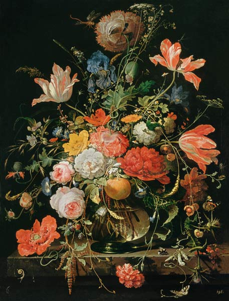 A glass with flowers and orange branch from Abraham Mignon