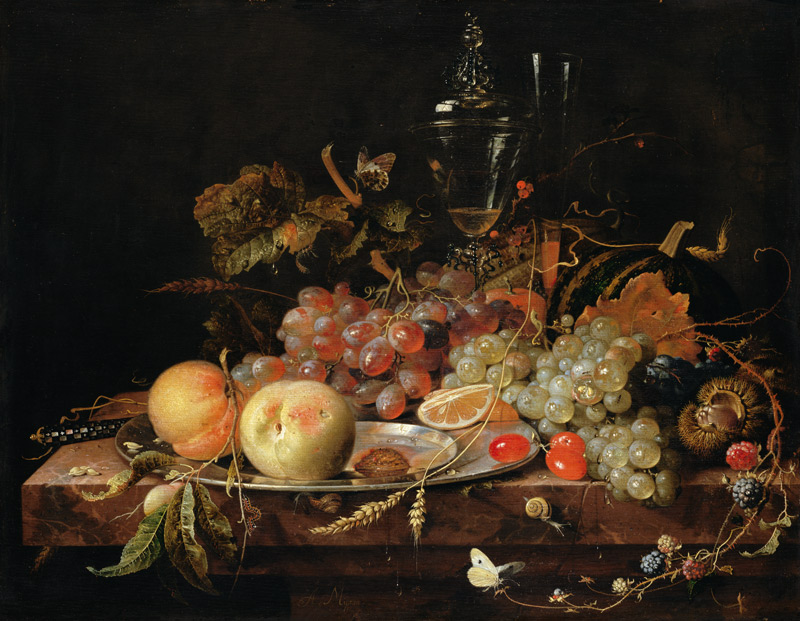 Still Life with Fruit, Tin Plate and Wine Glasses from Abraham Mignon