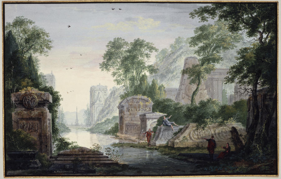Antike Grabruinen in einer Flusslandschaft from Abraham Rademaker