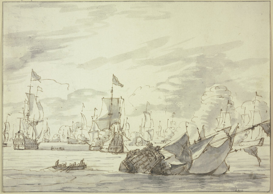 Seegefecht, vorne rechts ein sinkendes Schiff from Abraham Storck d. Ä.