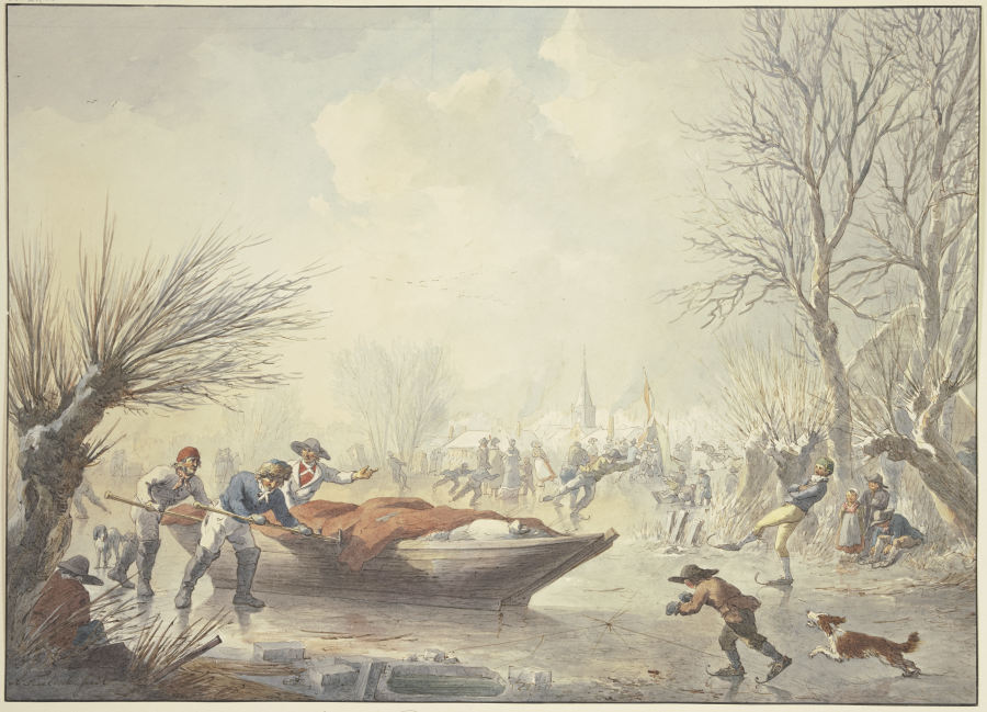 Winterlandschaft, auf dem Eis schieben drei Männer ein Boot dem Land zu, rechts ein Schlittschuhläuf from Abraham Teerlink