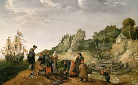 Fisherman unloading and selling their catch on a rocky shoreline from Adam Willaerts