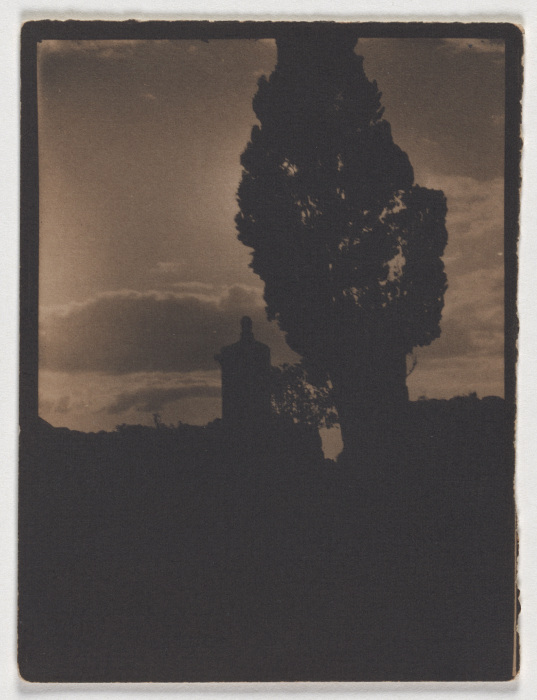 Silhouette of tree and tower in the evening sky from Adolf DeMeyer