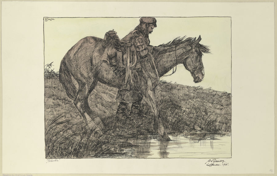 Tränke. Soldat mit Pferd am Wasser from Adolf Jansen