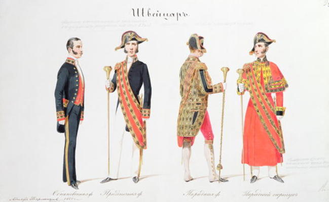 Uniforms from the Court of the Russian Tsar, 1855 (watercolour on paper) from Adolf Jossifowitsch Charlemagne