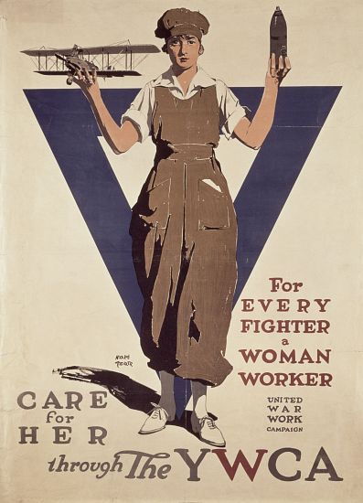 For Every Fighter a Woman Worker, 1st World War YWCA propaganda poster from Adolph Treidler