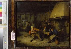 Violin player and drinking smallholders in a tavern