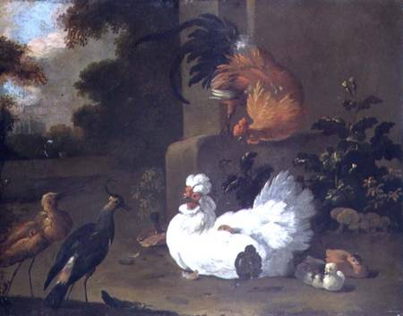 A Ruft, a Lapwing and chickens by a mounting block from Adriaen van Oolen