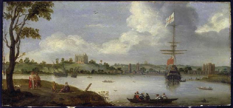 Look at the GreenwichPalast of the northeast with a warship in front of anchor from Adriaen van Stalbemt
