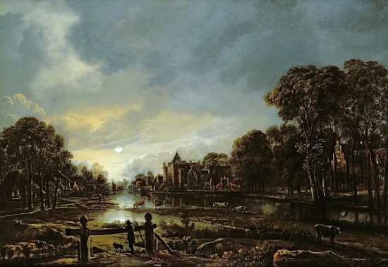 Moonlit River Landscape with Cottages on the Wooded Banks from Aert van der Neer