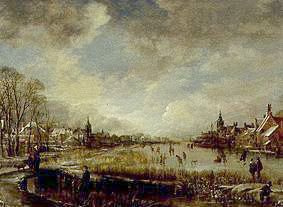 Two small towns at a river with Kolfspielern frozen up and ice-skaters from Aert van der Neer