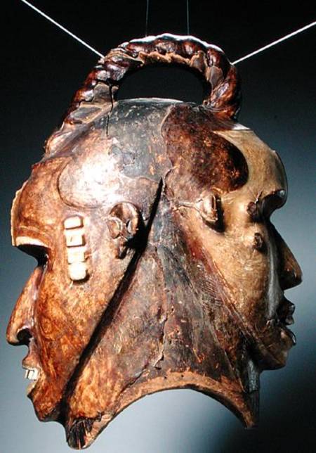 Double-Faced Helmet Mask, Ejagham Culture, from Nigeria or Cameroon (wood, skin, nails & bones) from African