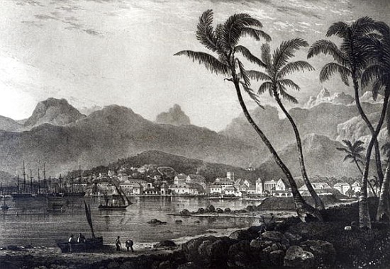 Port Louis from ''Views in the Mauritius'' by T.Bradshaw; engraved by William Rider from (after) BradshawT.