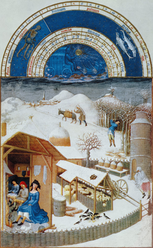 Facsimile of February: farmyard scene with peasants, copied from ''from the ''Tres Riches Heures du  from (after) Limbourg Brothers