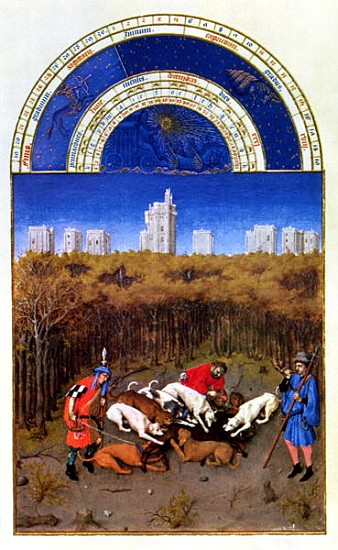 Fascimile of December: hunting wild boar, copied from ''Tres Riches Heures du Duc de Berry''  (for o from (after) Limbourg Brothers