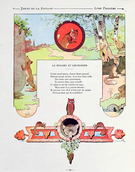 The fox and the grapes, illustration from ''Fables'' Jean de la Fontaine, 1906 edition from (after) Benjamin Rabier