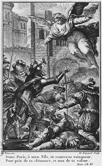 Siege of Paris, apparition of St. Louis (1214-70) to Henri IV (1553-1610) ; engraved by Joseph de Lo from (after) Charles Joseph Dominique Eisen