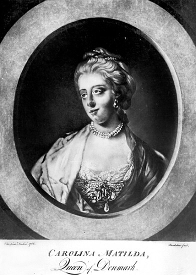 Caroline Matilda, Queen of Denmark and Norway; engraved by Brookshaw (b/w photo)  from (after) Francis Cotes