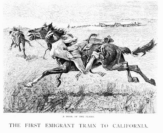 A Peril of the Plains, the First Emigrant Train to California; engraved by F.H.W. from (after) Frederic Remington
