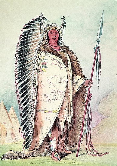 Sioux chief, ''The Black Rock'' (hand-coloured litho) from (after) George Catlin