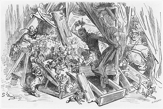 Don Quixote fighting the puppets, illustration from ''Don Quixote de la Mancha'' Miguel Cervantes (1 from (after) Gustave Dore