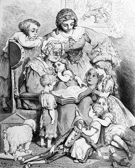 Grandmother telling a story to her grandchildren, illustrated title page from ''Les contes de Perrau from (after) Gustave Dore