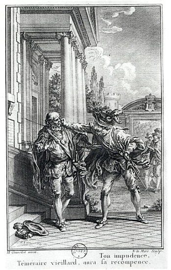 Fight scene, illustration for ''Le Cid'' (1637) Pierre Corneille (1606-84) ; engraved by Noel Le Mir from (after) Hubert Gravelot